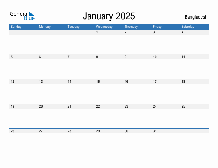 Editable January 2025 Calendar with Bangladesh Holidays