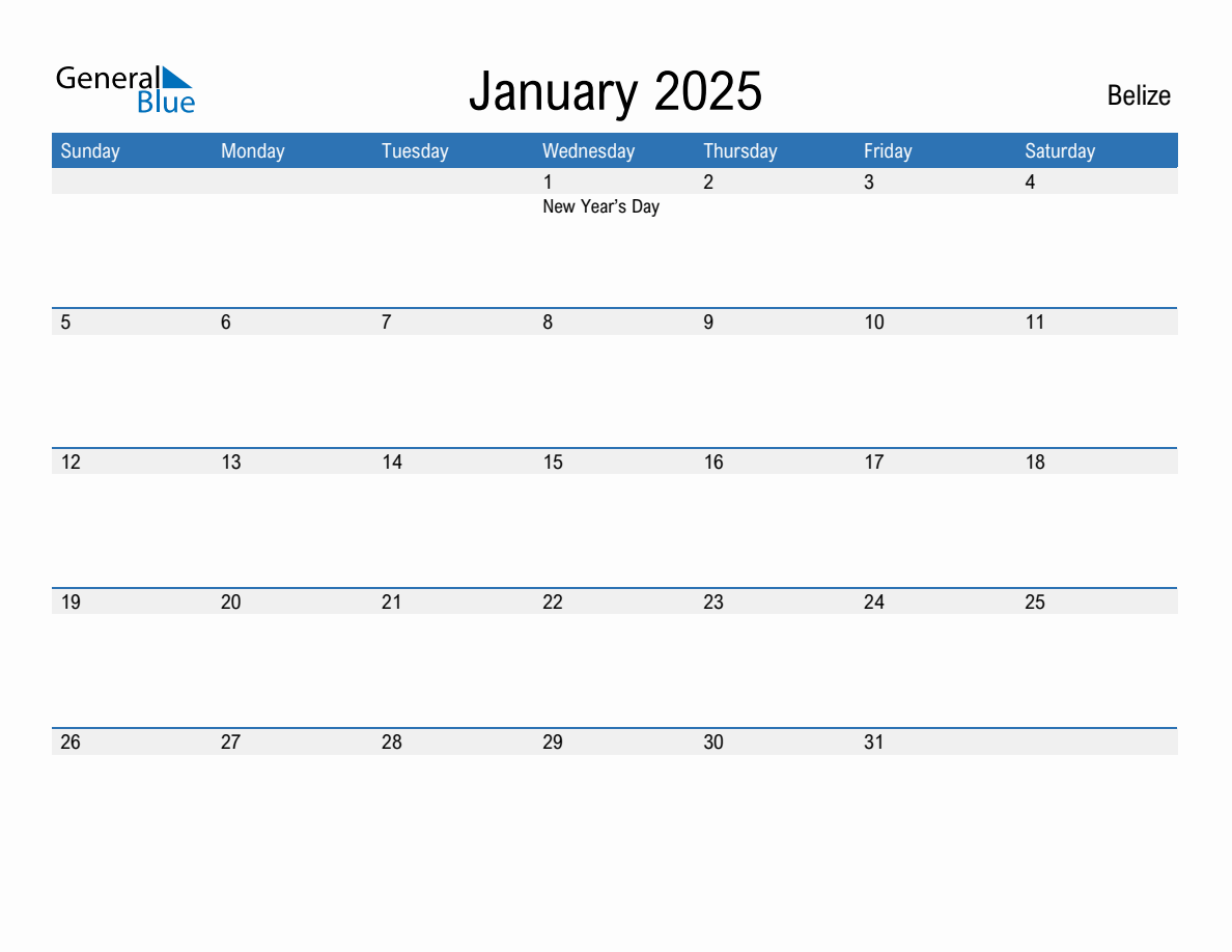 Editable January 2025 Calendar with Belize Holidays