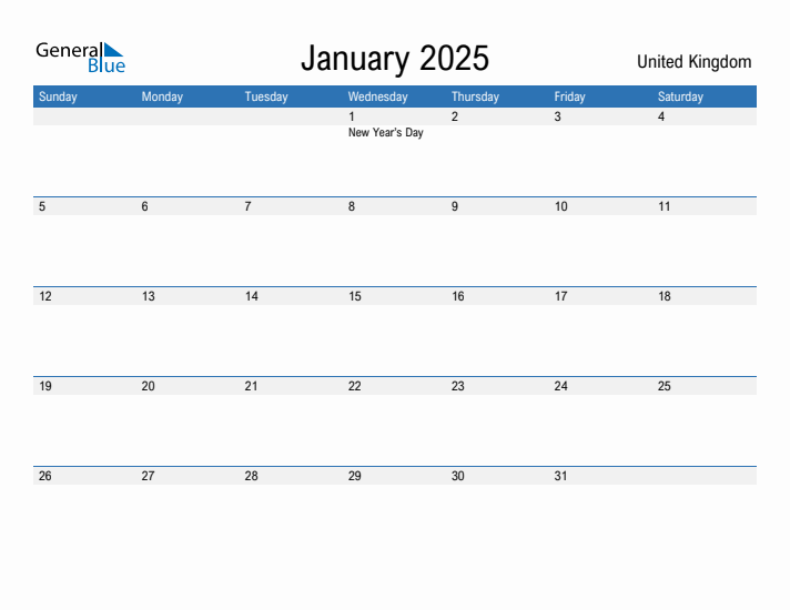 Editable January 2025 Calendar with United Kingdom Holidays