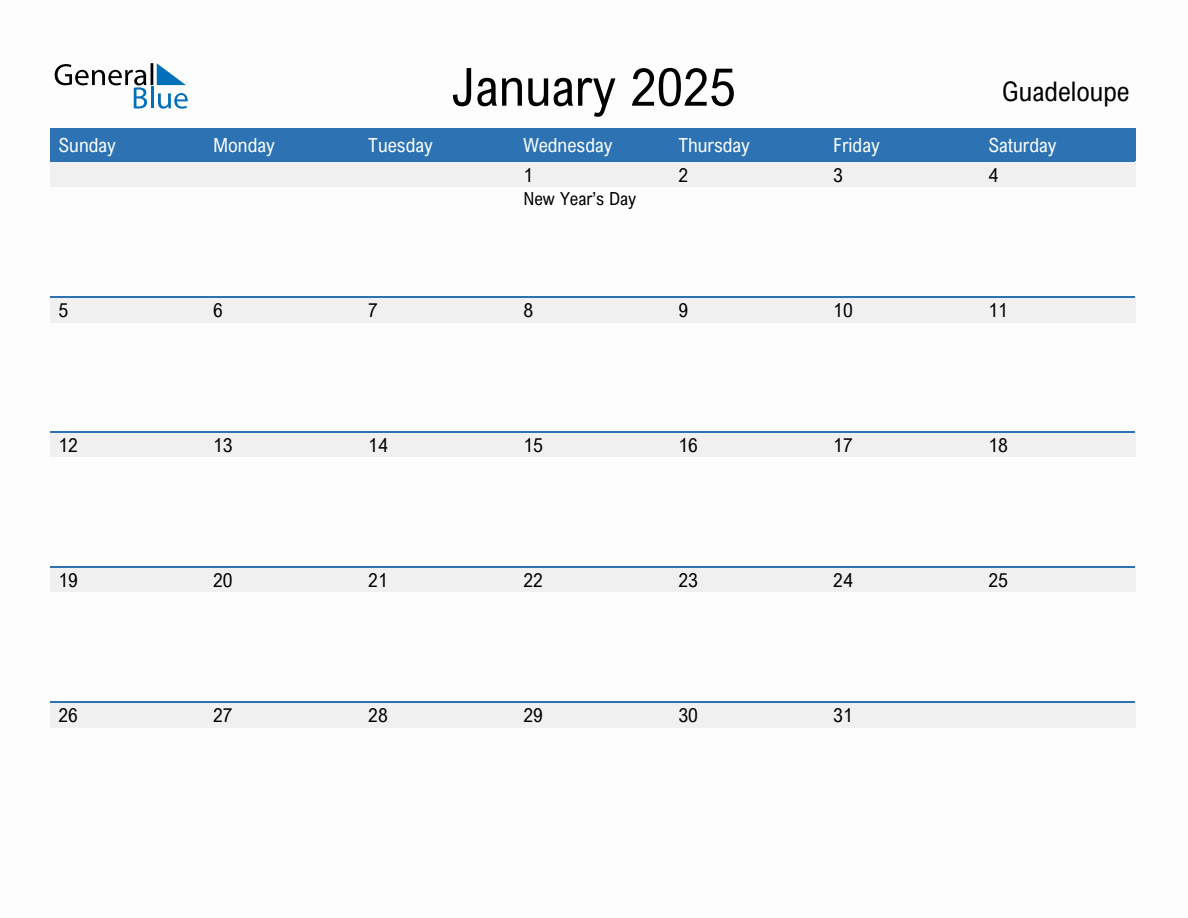 Editable January 2025 Calendar with Guadeloupe Holidays