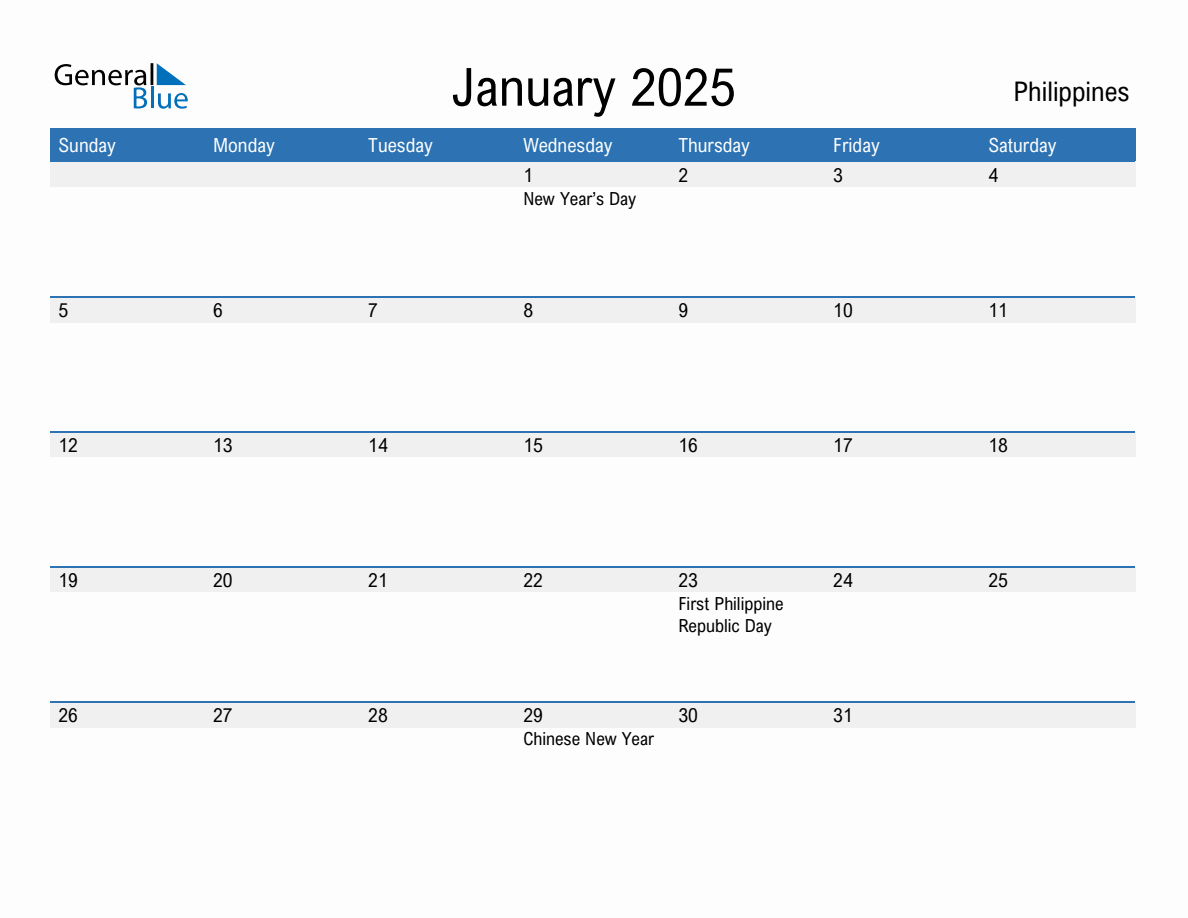 Editable January 2025 Calendar with Philippines Holidays