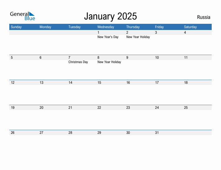 Editable January 2025 Calendar with Russia Holidays