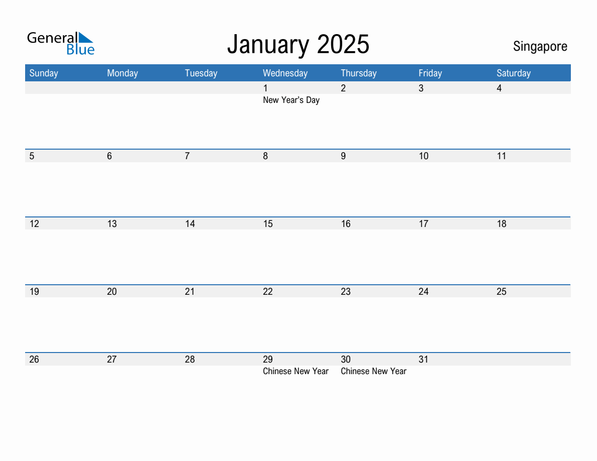 Editable January 2025 Calendar with Singapore Holidays