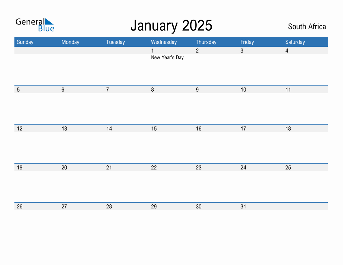 January 2025 Monthly Calendar with South Africa Holidays