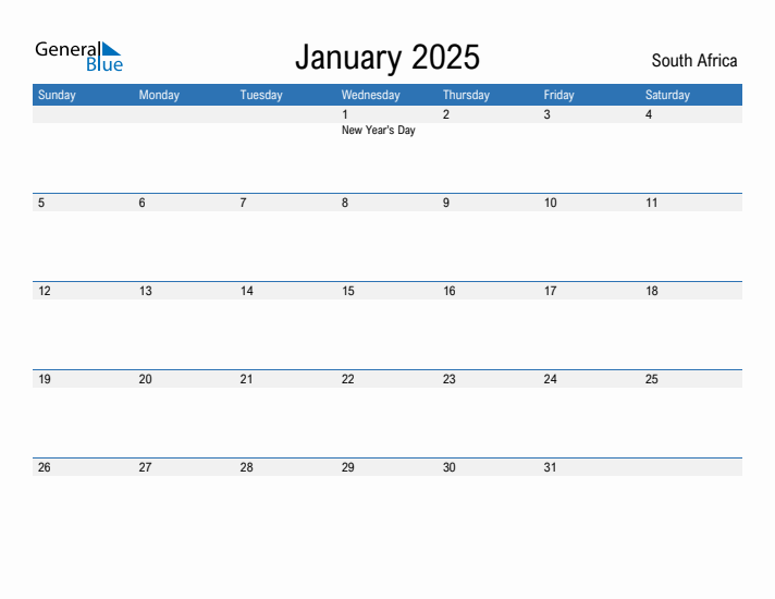 Editable January 2025 Calendar with South Africa Holidays