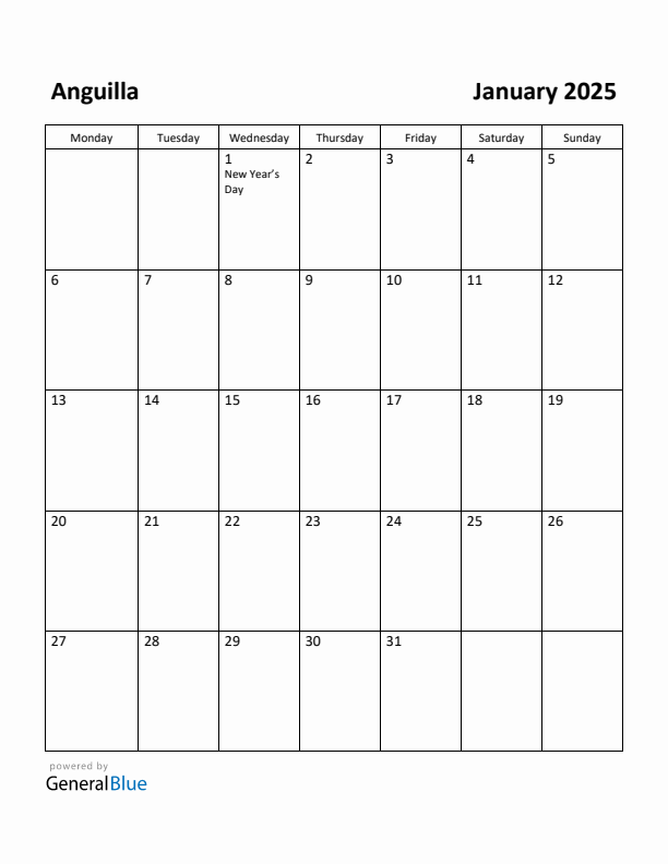 January 2025 Calendar with Anguilla Holidays