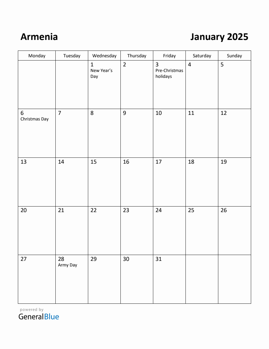 Free Printable January 2025 Calendar for Armenia