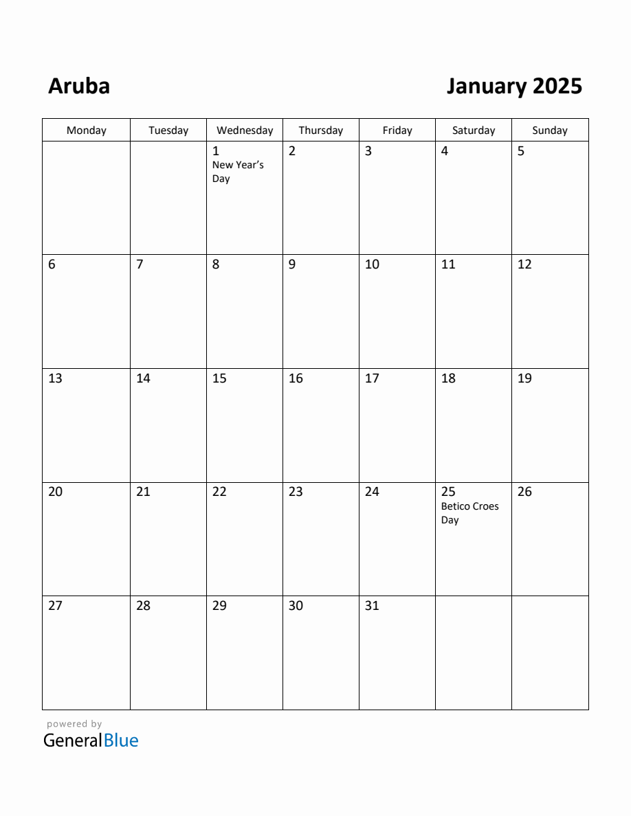 Free Printable January 2025 Calendar for Aruba