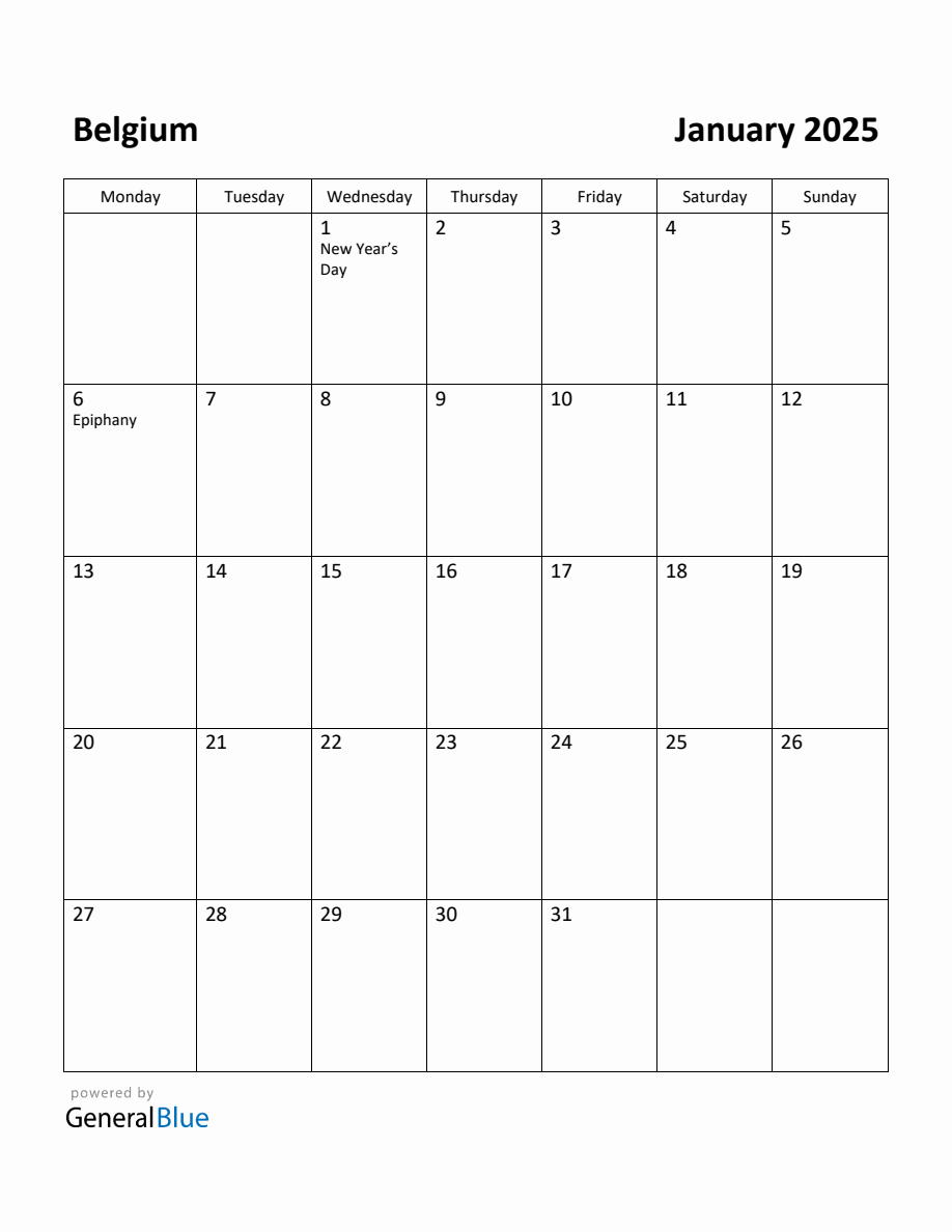 Free Printable January 2025 Calendar for Belgium