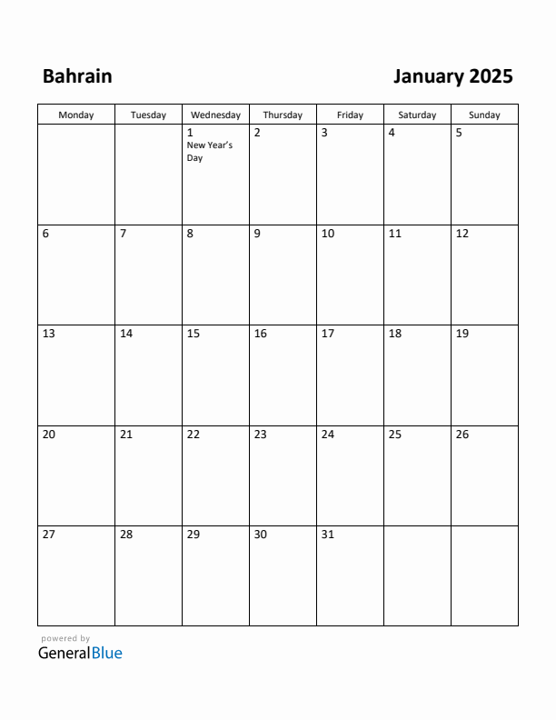 January 2025 Calendar with Bahrain Holidays