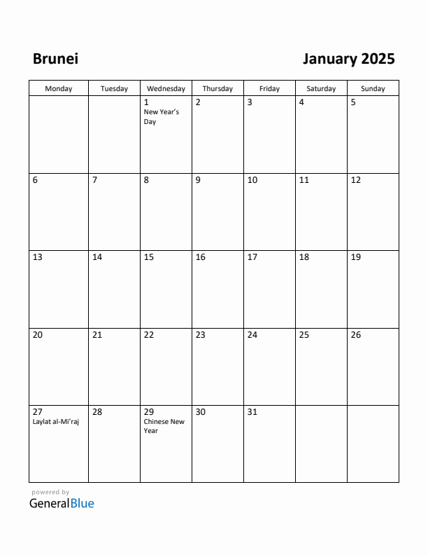 January 2025 Calendar with Brunei Holidays