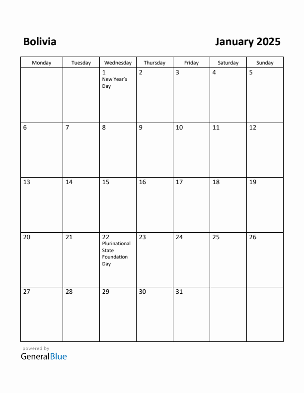 January 2025 Calendar with Bolivia Holidays