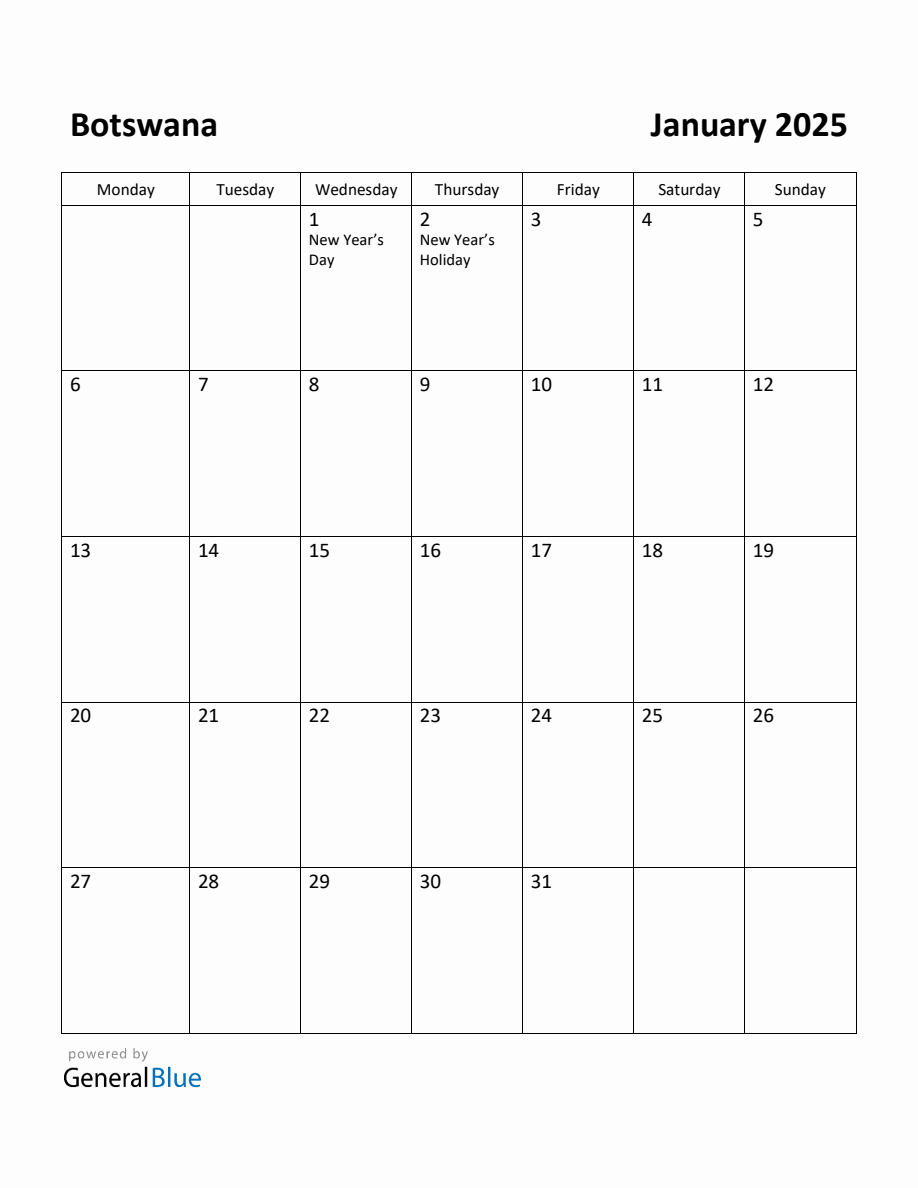 Free Printable January 2025 Calendar for Botswana