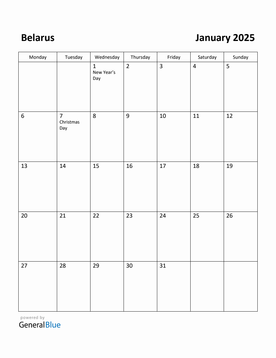 Free Printable January 2025 Calendar for Belarus