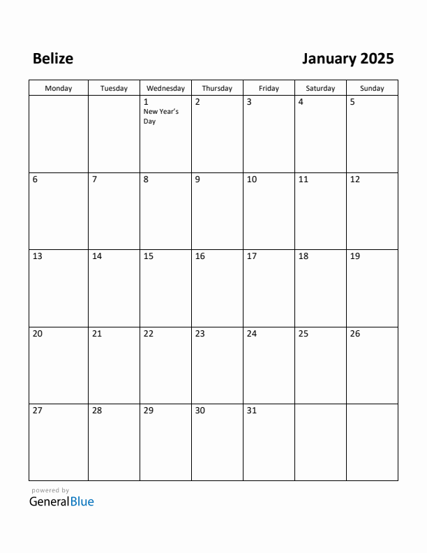 January 2025 Calendar with Belize Holidays