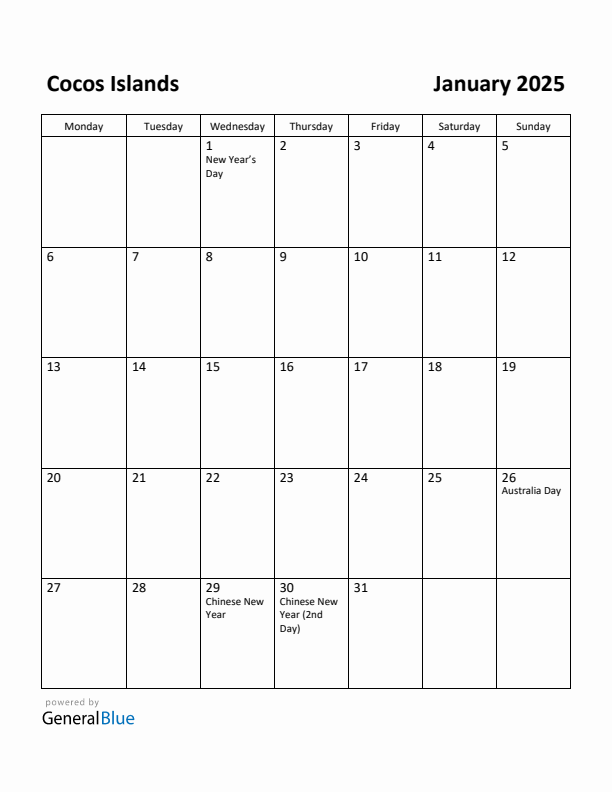 January 2025 Calendar with Cocos Islands Holidays