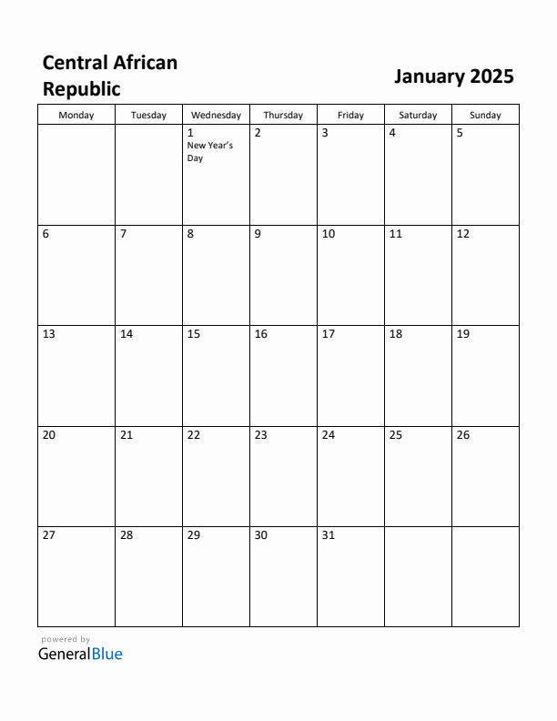 January 2025 Calendar with Central African Republic Holidays
