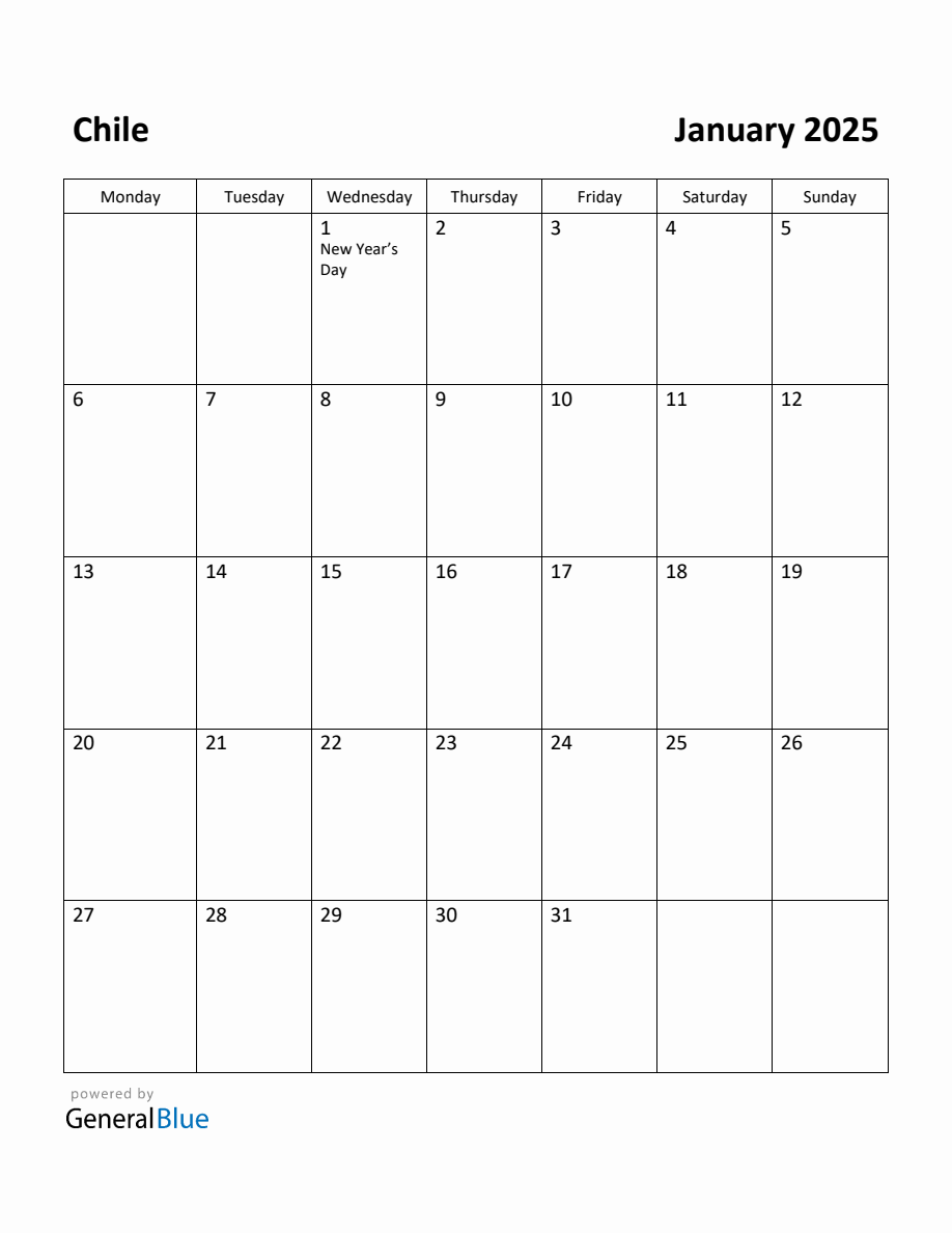 Free Printable January 2025 Calendar for Chile