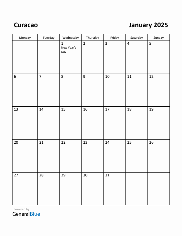 January 2025 Calendar with Curacao Holidays