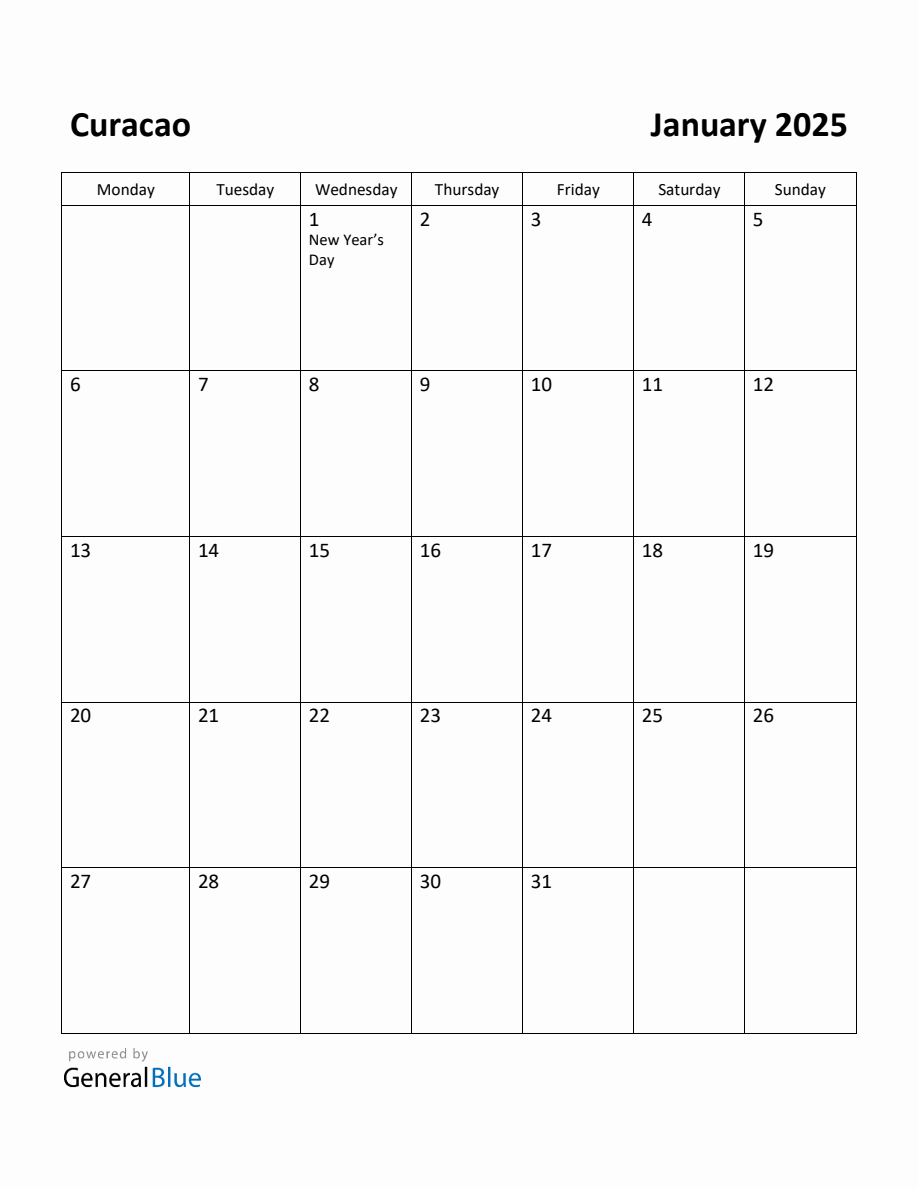 Free Printable January 2025 Calendar for Curacao