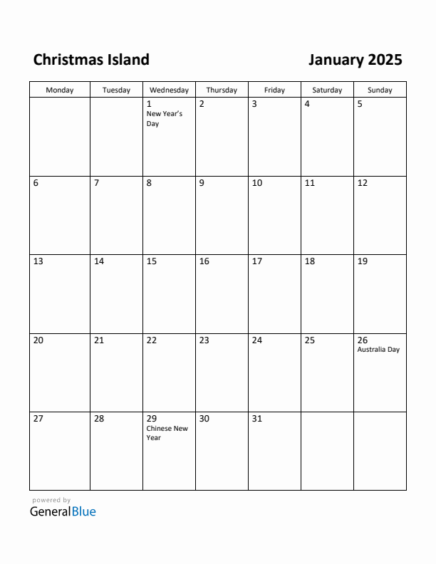 Free Printable January 2025 Calendar for Christmas Island