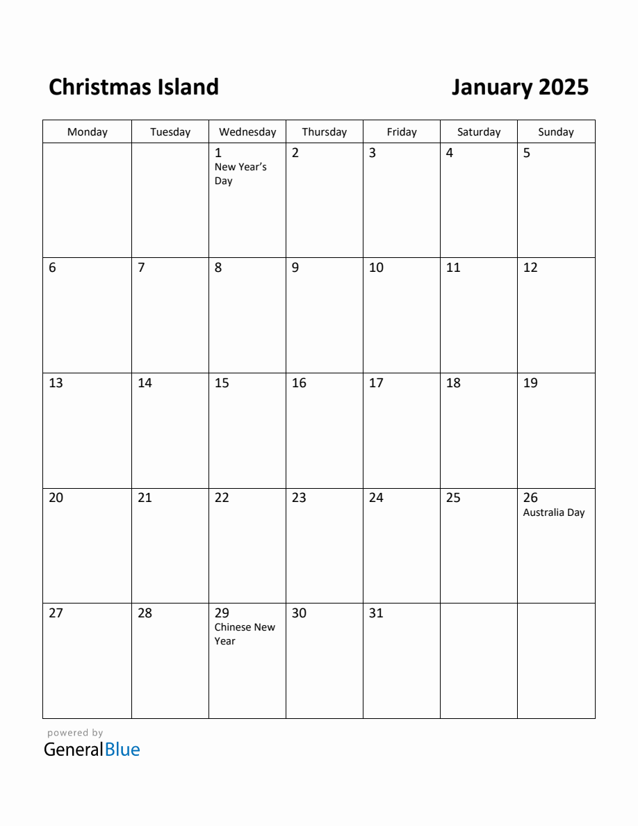 Free Printable January 2025 Calendar for Christmas Island