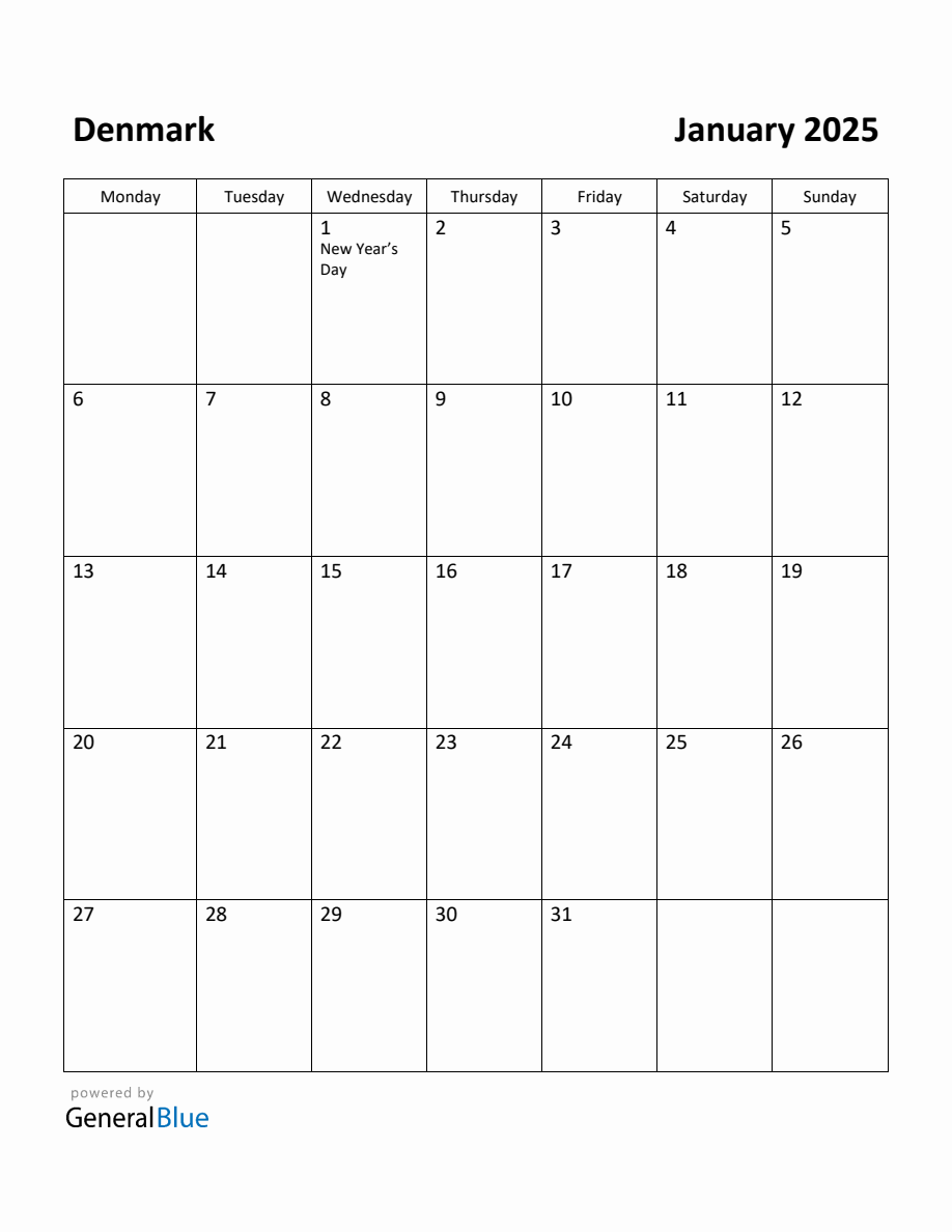 Free Printable January 2025 Calendar for Denmark