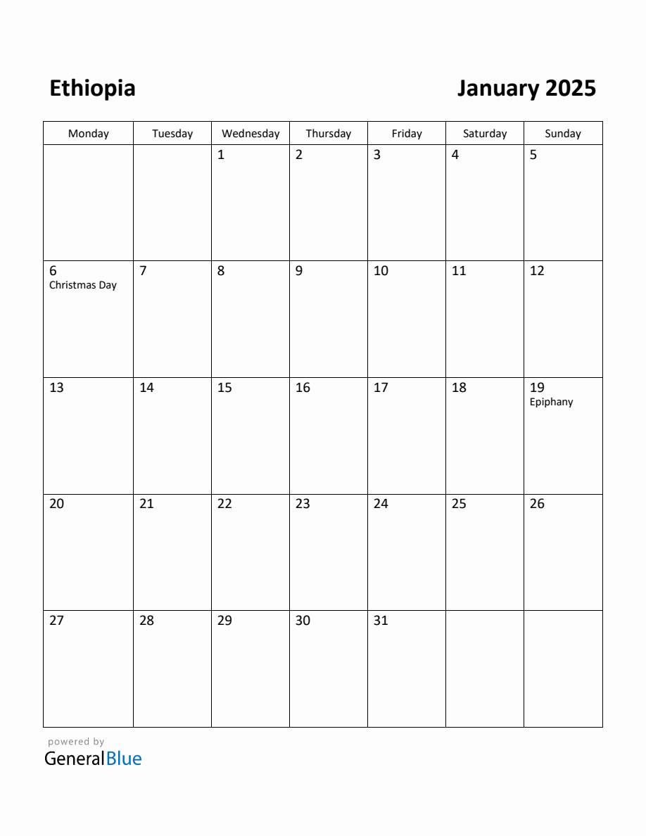 Free Printable January 2025 Calendar for Ethiopia