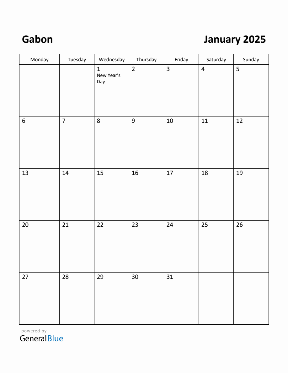 Free Printable January 2025 Calendar for Gabon