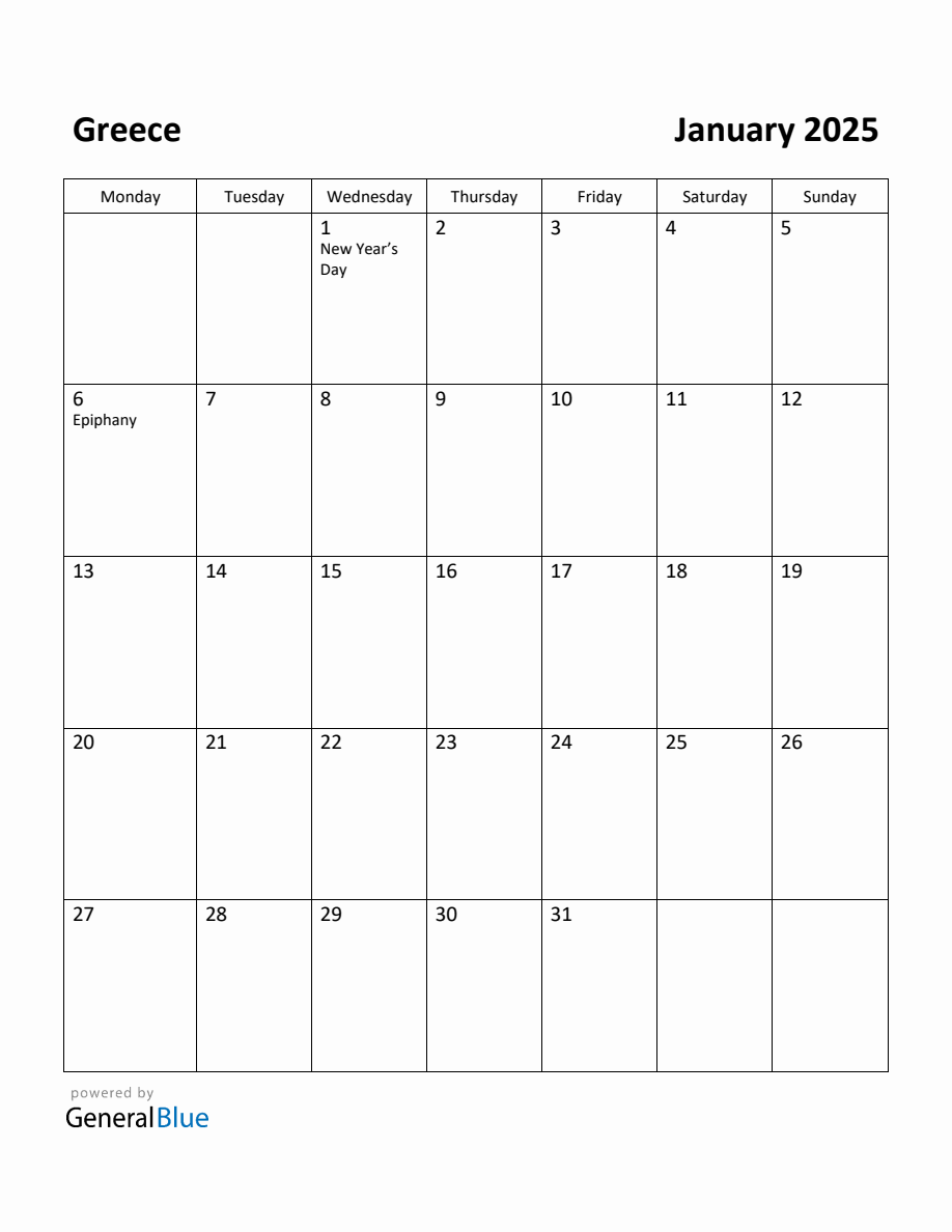 Free Printable January 2025 Calendar for Greece