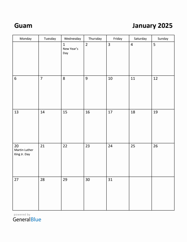 January 2025 Calendar with Guam Holidays