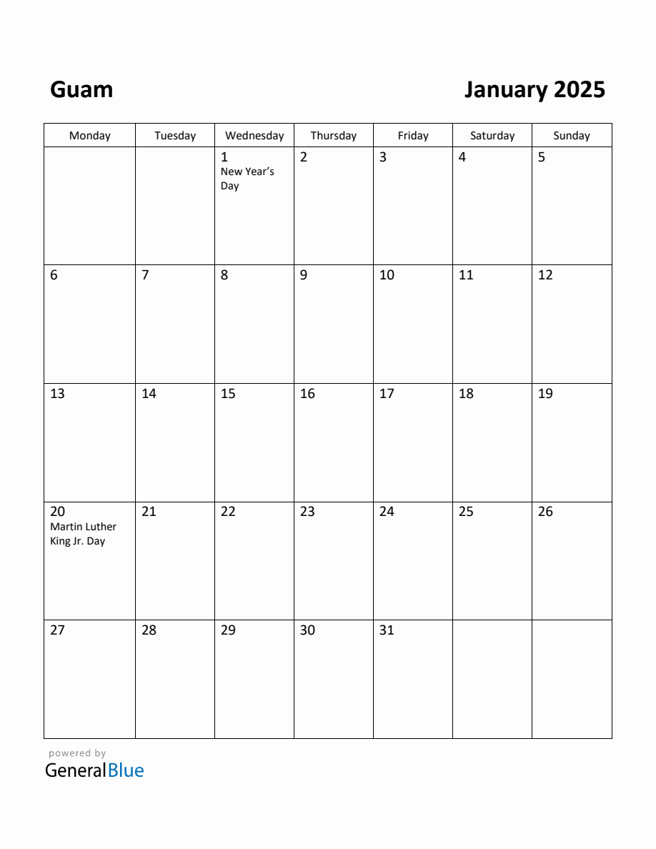 Free Printable January 2025 Calendar for Guam