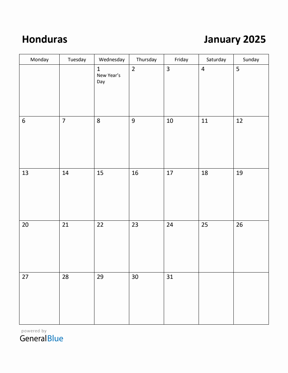 Free Printable January 2025 Calendar for Honduras