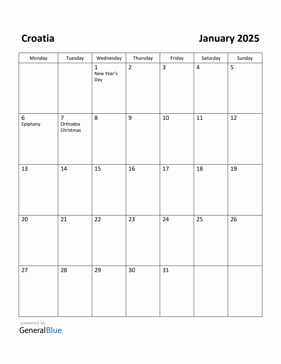 Free Printable January 2025 Calendar for Croatia