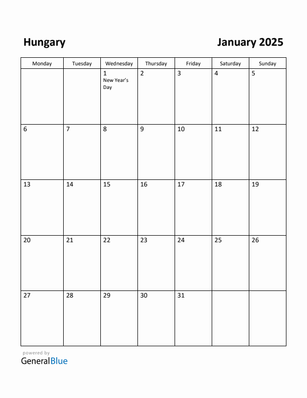 January 2025 Calendar with Hungary Holidays