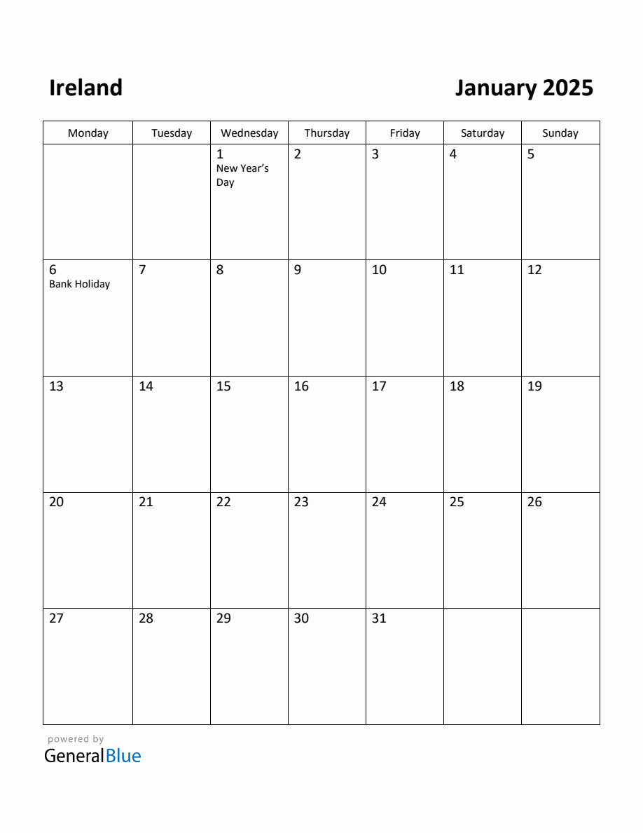 Free Printable January 2025 Calendar for Ireland