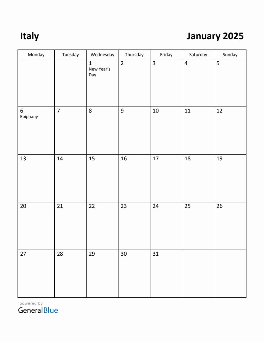 Free Printable January 2025 Calendar for Italy