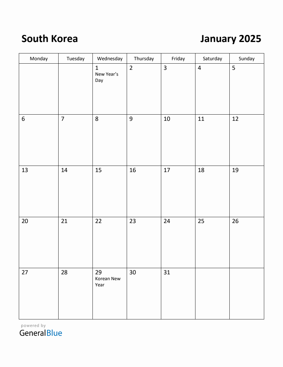 Free Printable January 2025 Calendar for South Korea