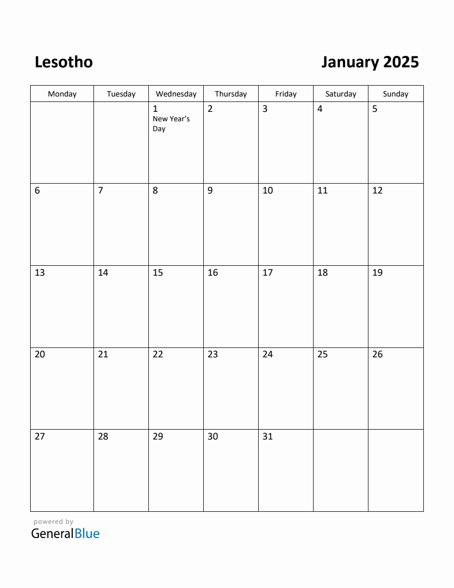 Free Printable January 2025 Calendar for Lesotho