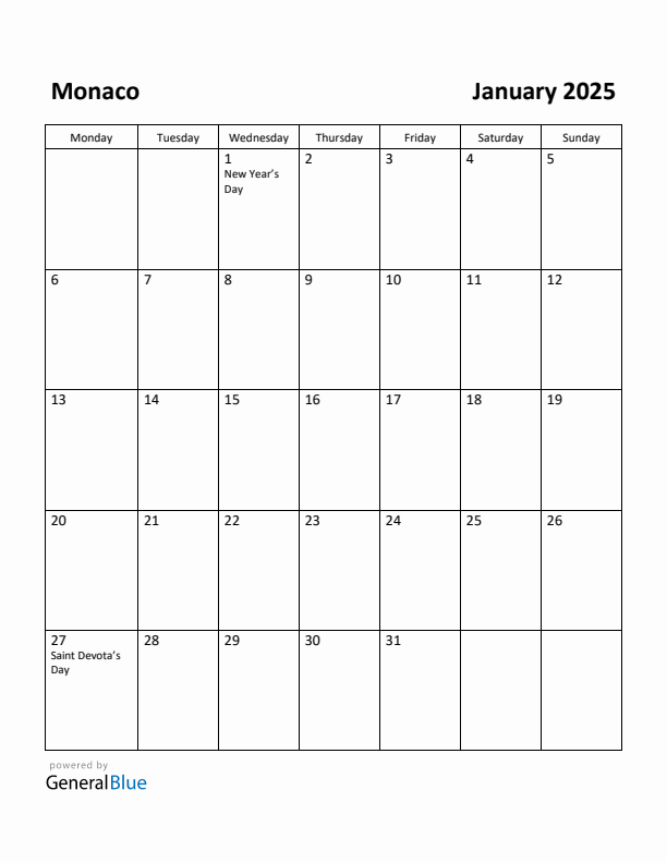 January 2025 Calendar with Monaco Holidays