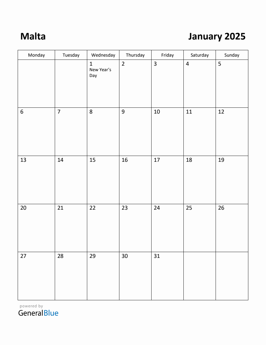 Free Printable January 2025 Calendar for Malta