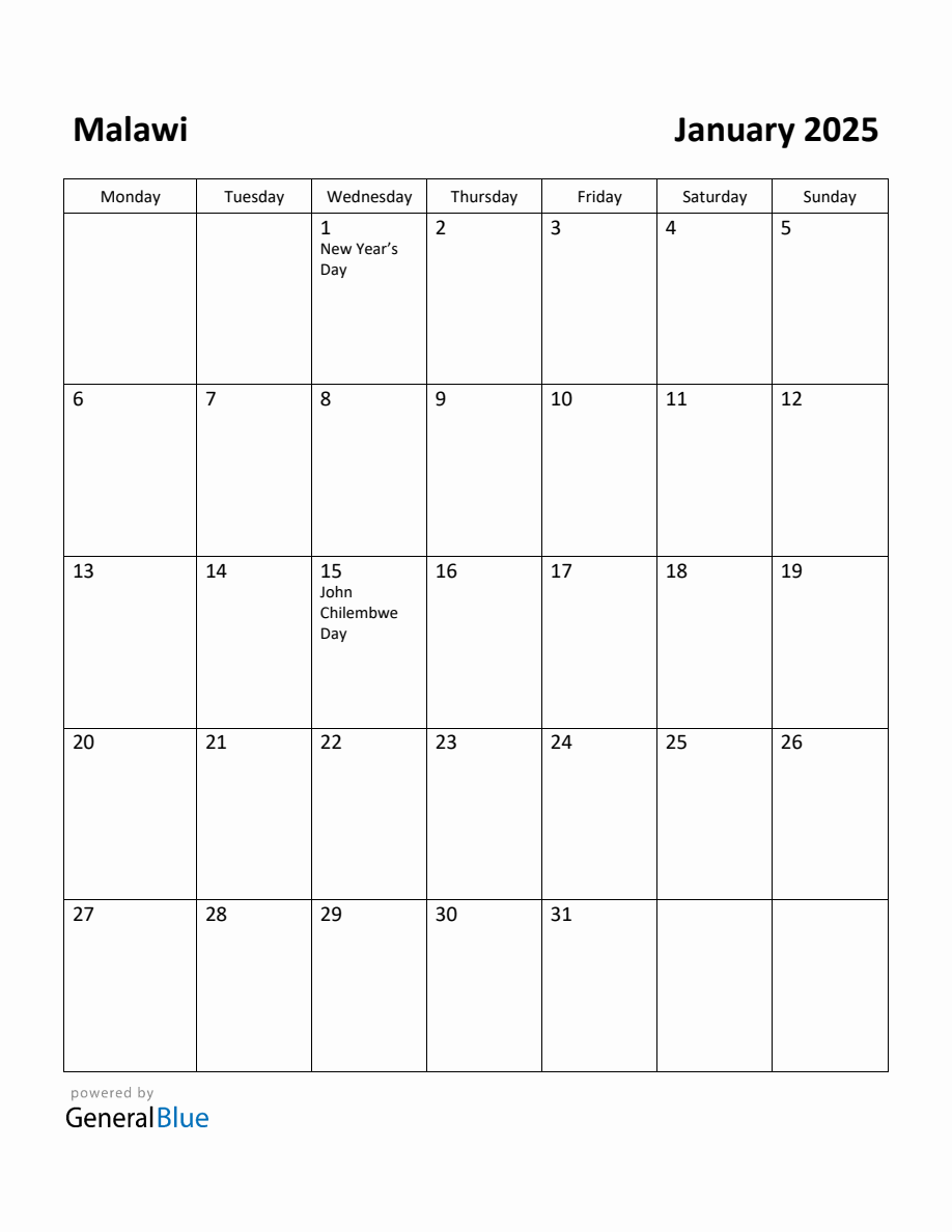 Free Printable January 2025 Calendar for Malawi