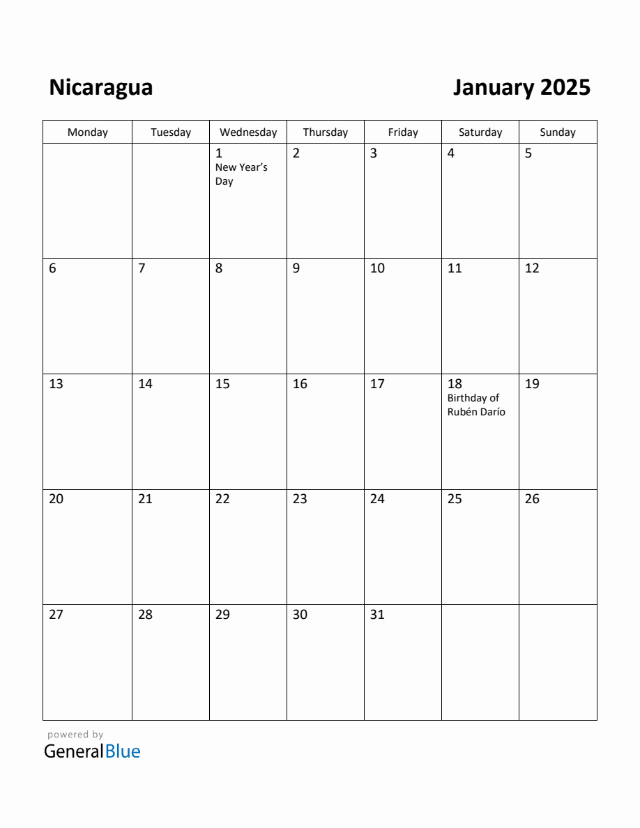 Free Printable January 2025 Calendar for Nicaragua