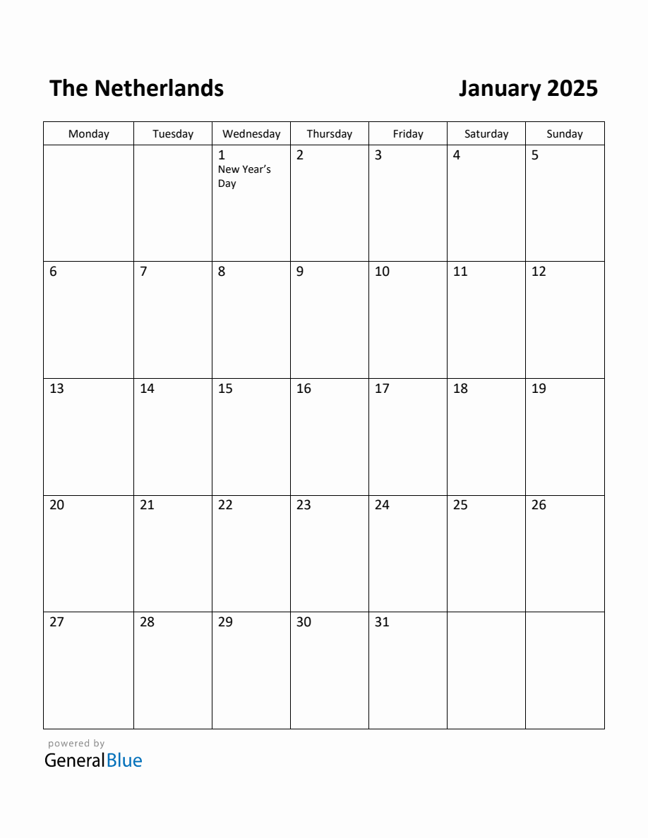 Free Printable January 2025 Calendar for The Netherlands