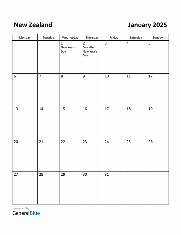 January 2025 Calendar with New Zealand Holidays