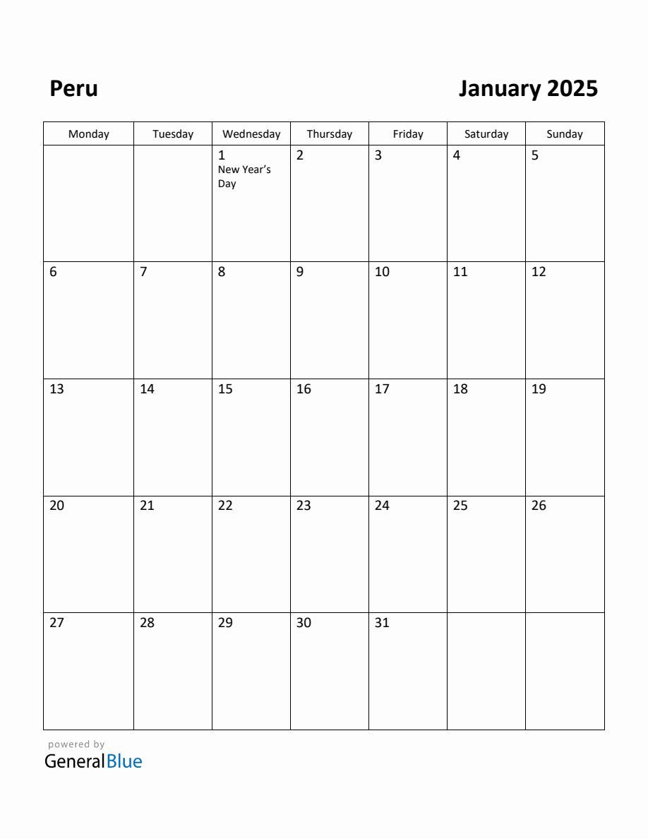 Free Printable January 2025 Calendar for Peru