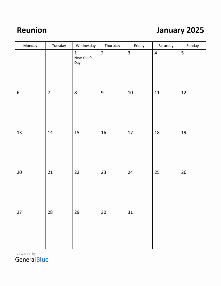 Free Printable January 2025 Calendar for Reunion