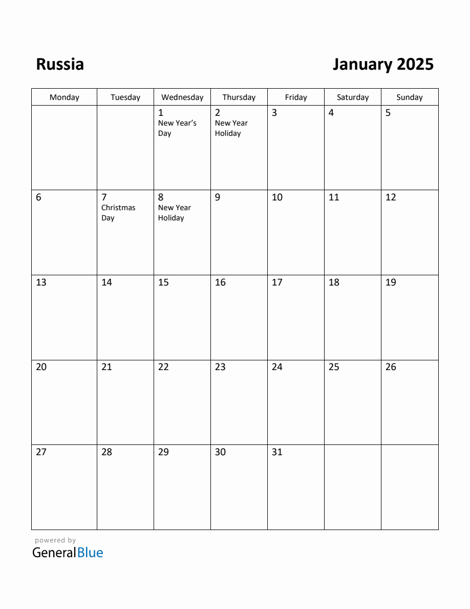 Free Printable January 2025 Calendar for Russia