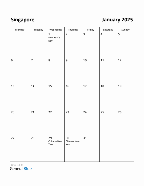 January 2025 Calendar with Singapore Holidays