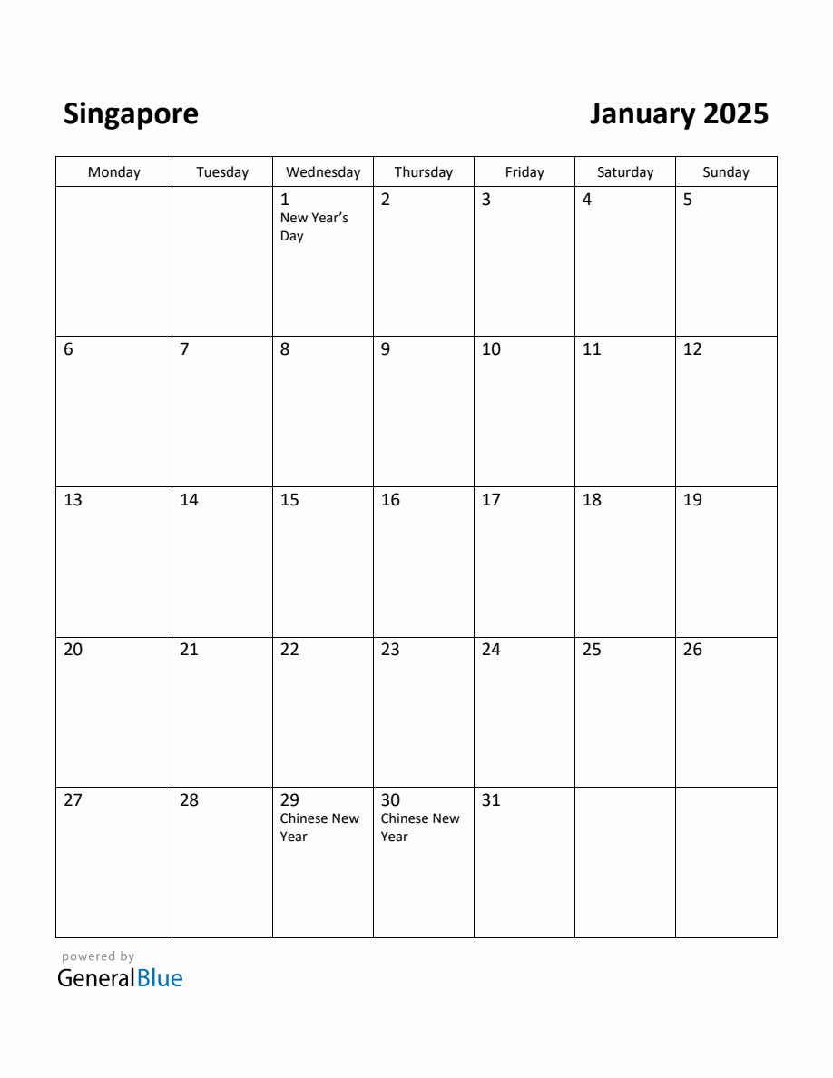 Free Printable January 2025 Calendar for Singapore